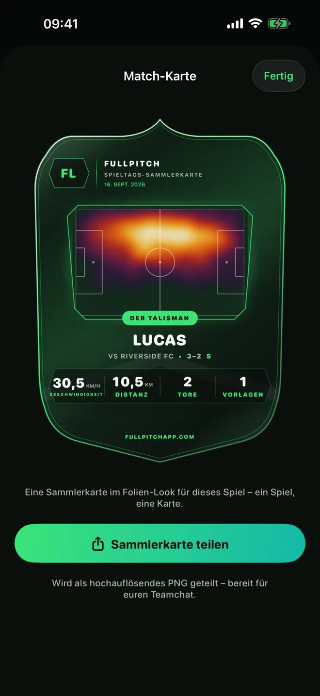 FullPitch-Match-Karte mit Spielerstatistiken und Heatmap