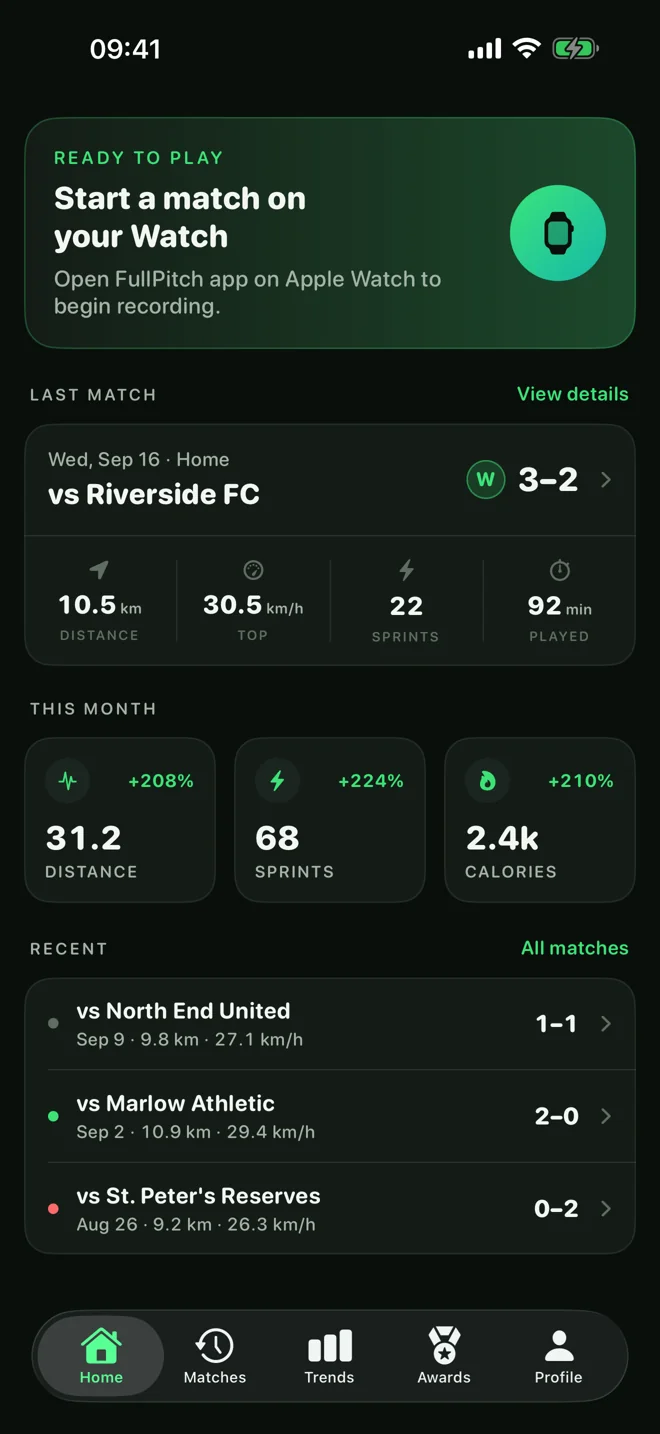 FullPitch on iPhone showing match history and season statistics