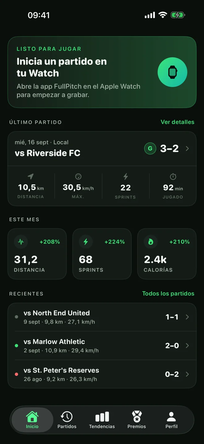 FullPitch en el iPhone con el historial de partidos y las estadísticas de la temporada
