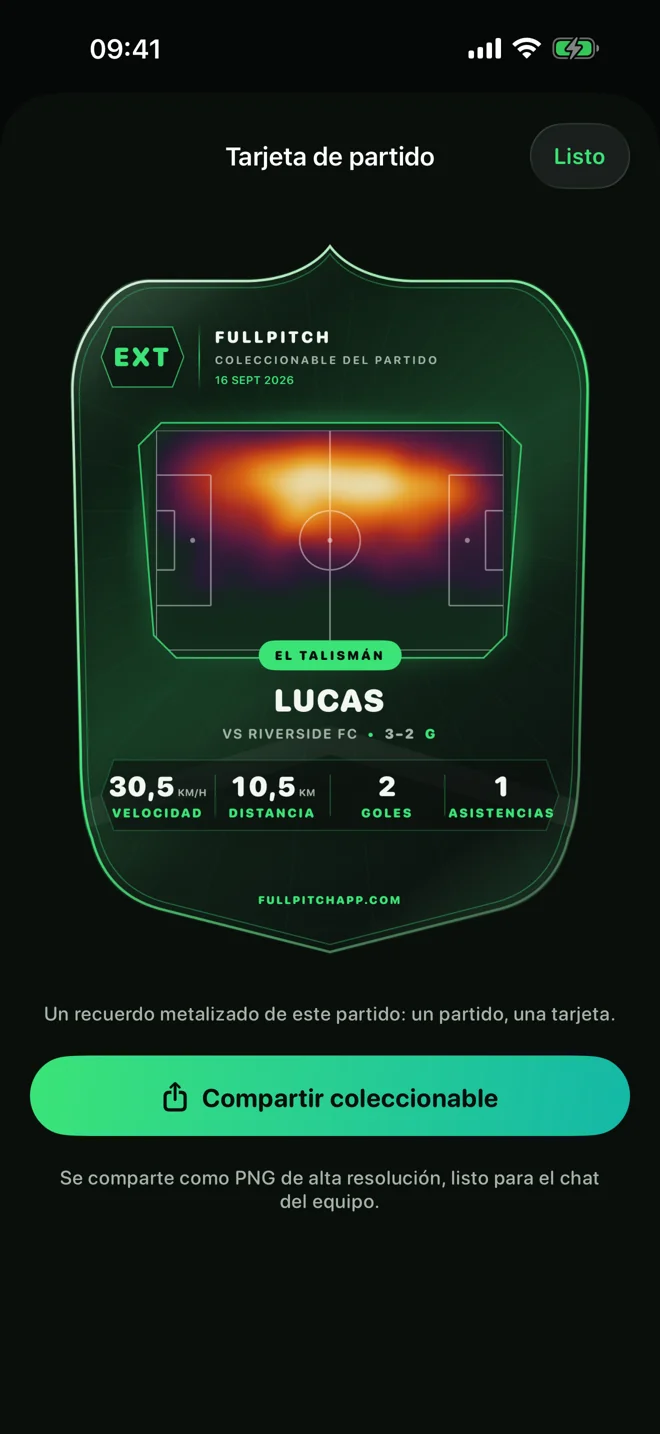 Tarjeta de partido de FullPitch con estadísticas del jugador y mapa de calor