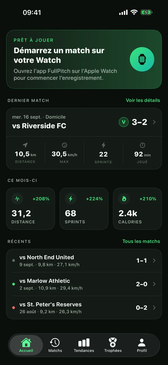 FullPitch sur iPhone avec l’historique des matchs et les statistiques de la saison
