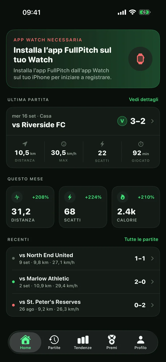 FullPitch su iPhone con lo storico delle partite e le statistiche della stagione