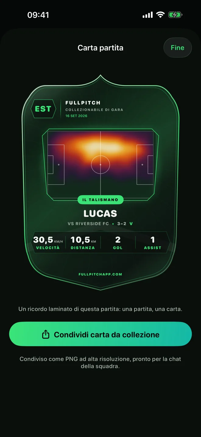 Scheda partita FullPitch con statistiche del giocatore e mappa di calore