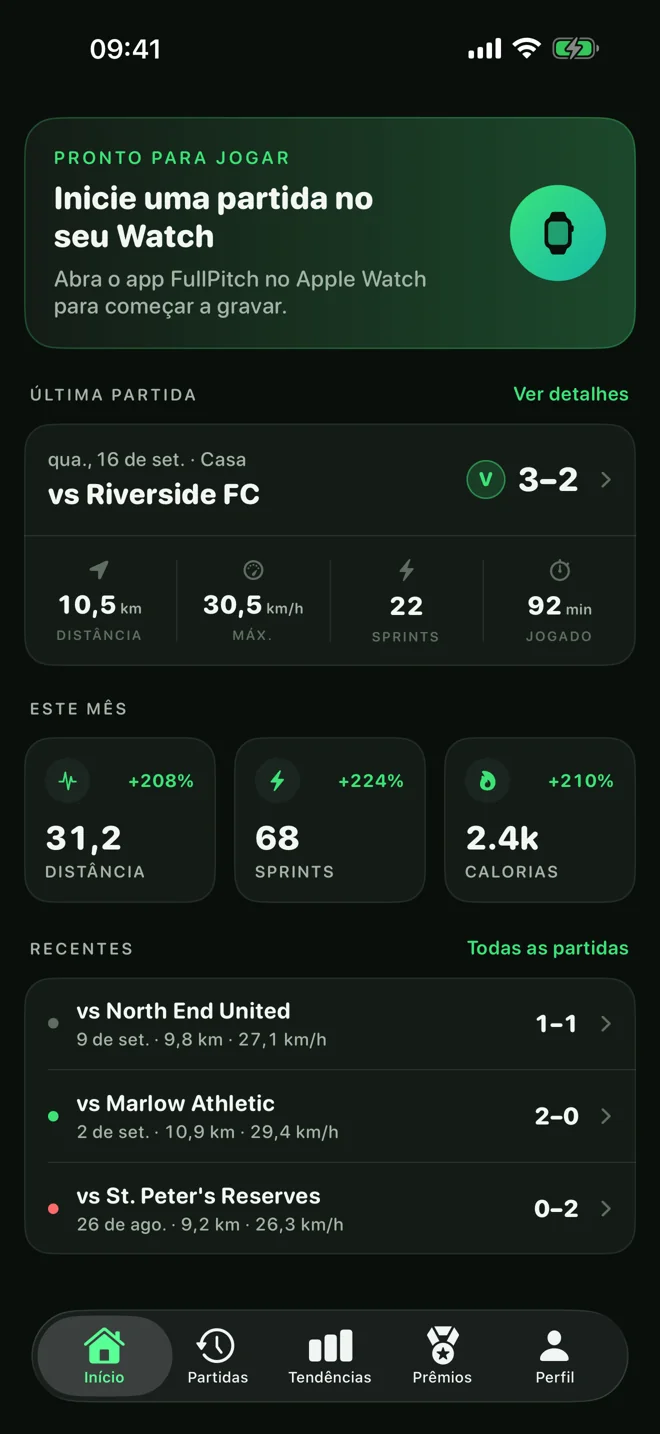FullPitch no iPhone mostrando o histórico de partidas e as estatísticas da temporada